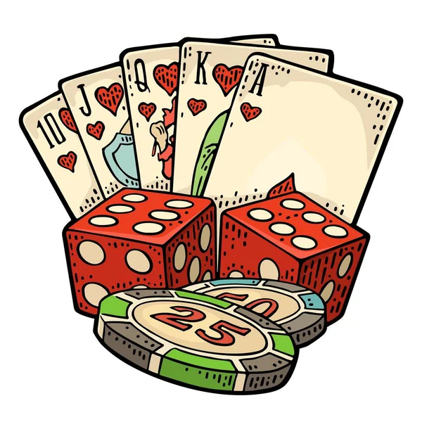 Juego Casino Escalera Real Jugando Cartas Corazones Fichas Póquer Dados — Vector de stock