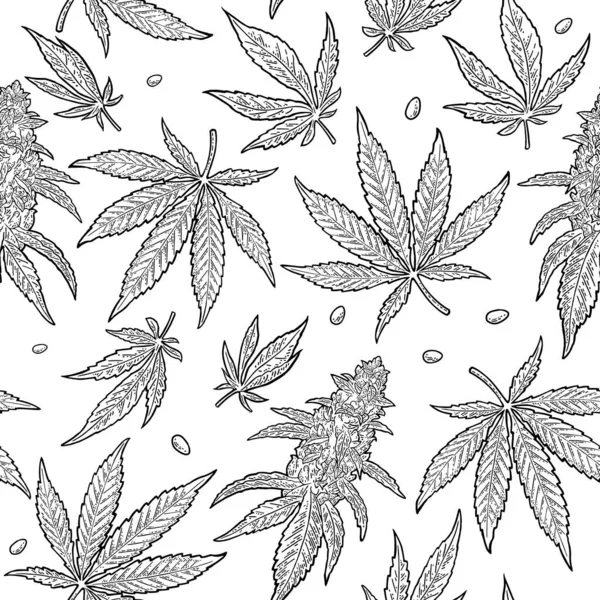Seamless Pattern Marijuana Leaf Hand Drawn Design Element Cannabis Vintage — Stock Vector