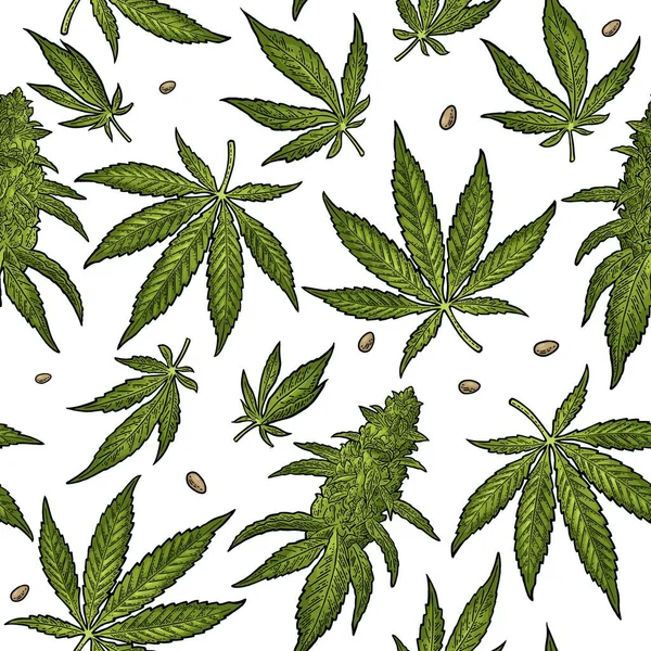 Sömlöst Mönster Med Marijuanablad Handritat Designelement Cannabis Vintage Färg Vektor — Stock vektor