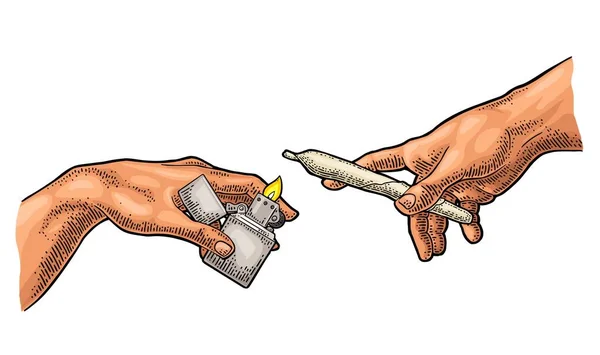 男人的手拿着金属手柄打火机 香烟和大麻 亚当的创作 在白色上孤立的矢量彩色老式雕刻插图 — 图库矢量图片