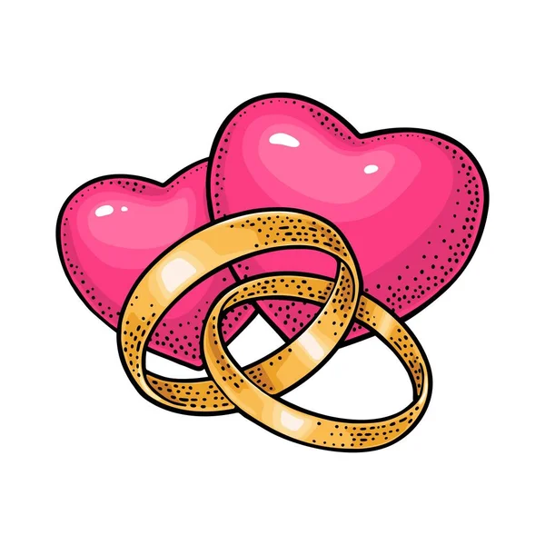 Dos Anillos Oro Corazones Ilustración Grabado Vectorial Color Vintage Para — Archivo Imágenes Vectoriales