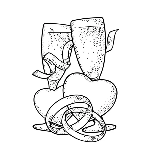 两个结婚戒指 香槟酒 蛇纹丝带 用于海报 网页的老式黑色矢量雕刻插图 被白色背景隔离 手绘设计元素 — 图库矢量图片