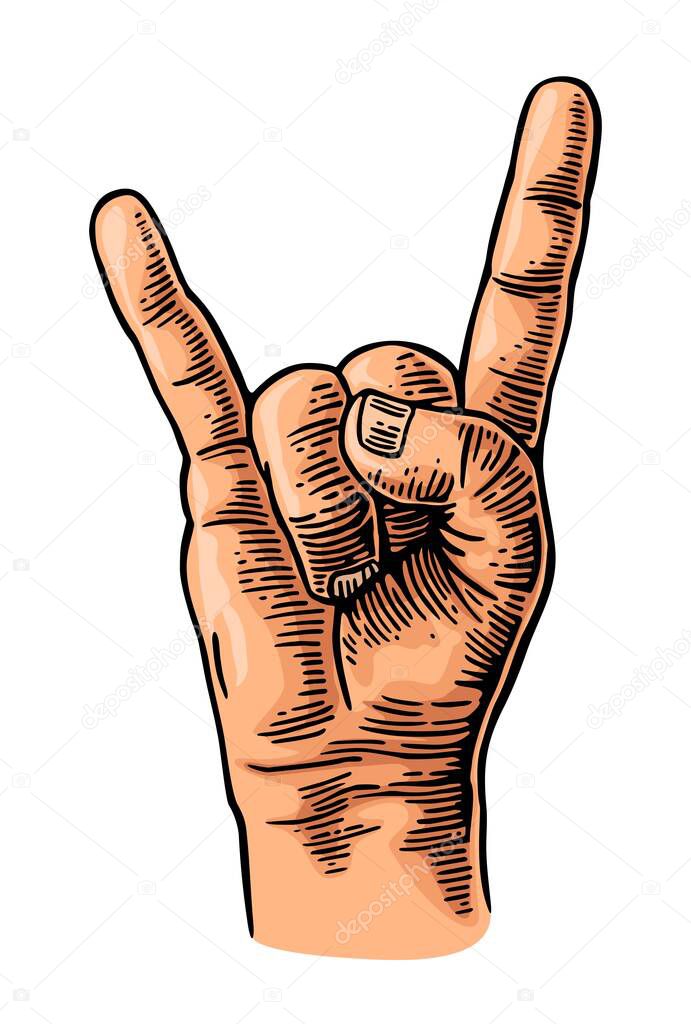 Rock and Roll hand sign. Vector color vintage engraving illustration. Hand giving the devil horns gesture