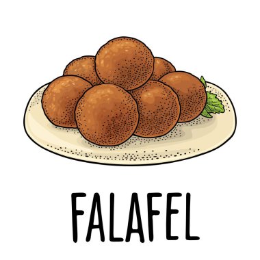 Soslu falafel topları - geleneksel orta doğu yemekleri. Beyaz arkaplanda izole edilmiş siyah oyma resimleme.