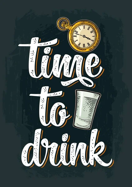 Vidrio Con Vodka Reloj Bolsillo Antiguo Ilustración Grabado Vectorial Color — Vector de stock