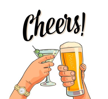 Kadın ve erkek el ele tutuşup iki bardağı bira ve kokteyl ile tokuşturuyor. Şerefe kadeh kaldırma yazısı. Parti daveti için klasik vektör rengi düz resimleme. Beyaz arkaplanda izole