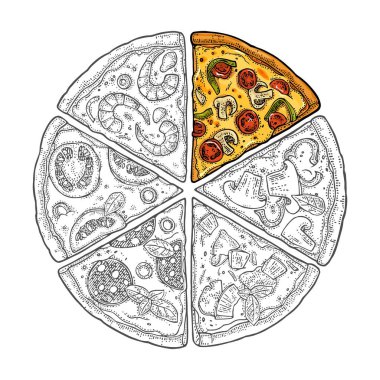 Tek renkli pizza Pepperoni, Hawaiian, Margherita, Meksika, Deniz Ürünleri, Capricciosa. Vintage vektör oyma çizimi. Menü için, kutu. Beyaz arkaplanda izole