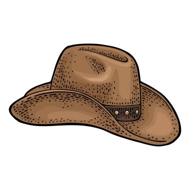 Kurdeleli kovboy şapkası. Stetson. Vector renk vintage oyma illüstrasyonu. Beyaz bir arka planda izole edilmiş. Poster için el yapımı tasarım öğesi. El çizimi tasarım ögesi