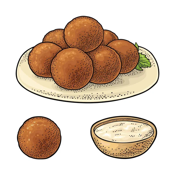Falafel Boules Avec Sauce Plat Moyen Oriental Nourriture Traditionnelle Illustration — Image vectorielle