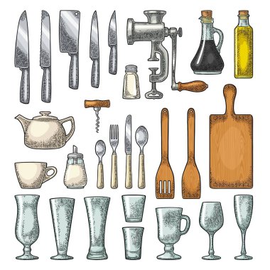 Mutfak aletlerini hazırlayın. Ağaç kesme tahtası, manuel öğütücü, cam, kızartma tavası, bıçak, kaşık, çatal, şişe, tirbuşon, sallama, merdane. Vektör renk vintage gravürleri beyaza izole edildi