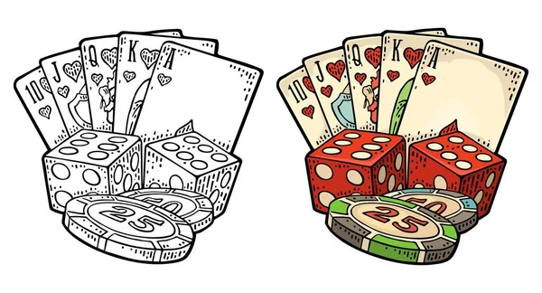 Casino Set Royal Straight Flush Spielkarten Herz Pokerchips Würfel Vector — Stockvektor