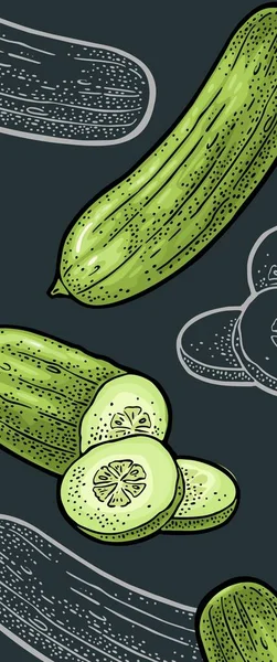 Verse Groene Komkommers Hele Halve Plakjes Vectorkleur Monochrome Vintage Gravure — Stockvector