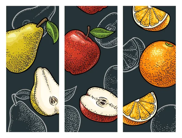 Naranja Manzana Pera Menú Plantilla Vertical Póster Banner Aislado Oscuridad — Vector de stock