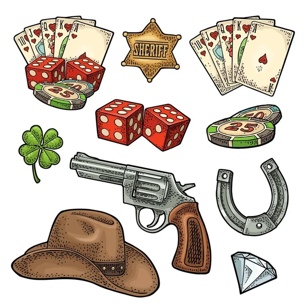 Set Mit Wild West Und Glückssymbolen Sheriffstern Revolver Royal Straight — Stockvektor