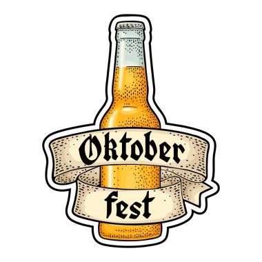 Kurdeleli cam şişe. Beyaz arkaplanda izole edilmiş vektör oyma renk vintage illüstrasyonu. Oktoberfest gotik harfler.