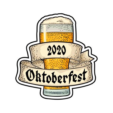 Kurdeleli cam bira. Beyaz arkaplanda izole edilmiş vektör oyma renk vintage illüstrasyonu. OktoberFest 2020 Gotik harfler.