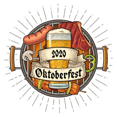 OktoberFest gotik harfleri. Bardak bira ve ızgaranın üstünde mangal kömürü, kebap, sosis, tavuk budu, biftek. Vektör oyma renk vintage çizimi ışın ile izole edildi