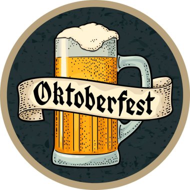 Kurdeleli cam bira. Koyu çemberde izole edilmiş vektör oyma renk klasik çizimi. OktoberFest gotik harfleri. Bardak altlığı için reklam tasarımı