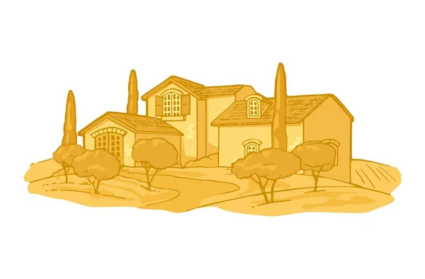 Paysage Rural Avec Villa Ferme Avec Champ Olivier Cyprès Illustration — Image vectorielle