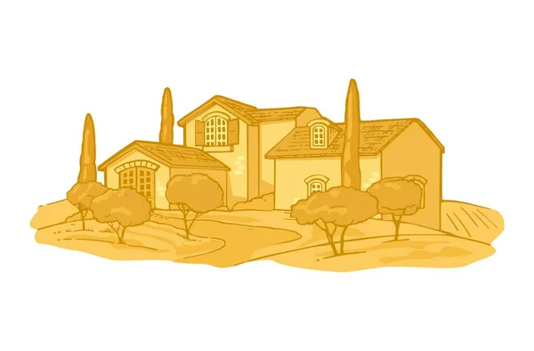 Paisaje Rural Con Villa Finca Con Campo Olivo Ciprés Ilustración — Vector de stock