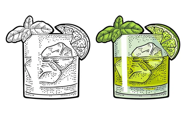 Cocktail Gin Basilicum Smash Vintage Kleur Vector Graveren Illustratie Voor — Stockvector