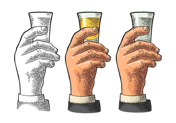 Manlig Hand Håller Glas Tequila Vintage Färg Vektor Gravyr Illustration — Stock vektor