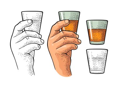 Erkek, cam rom tutuyor. Klasik renk ve monokrom vektör oyma çizimi. Beyaz arka planda izole edilmiş. Etiket, poster, web, parti daveti için el çizimi tasarım ögesi