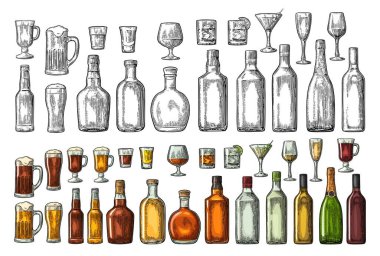 Bardak ve şişe birası, viski, şarap, cin, rom, tekila, konyak, şampanya, kokteyl, içki.