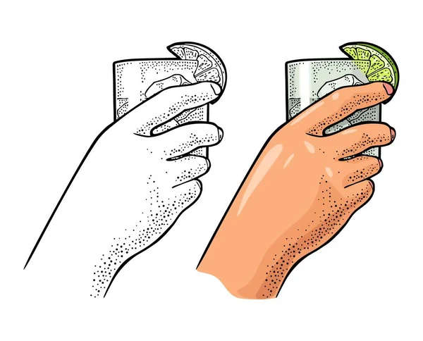 Ręka kobiety trzymającej szklany gin. Grawerowanie wektorowe vintage — Wektor stockowy