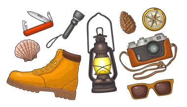 Seyahat açık hava eğlencesi için ayarlandı. Vektör vintage oymacılığı