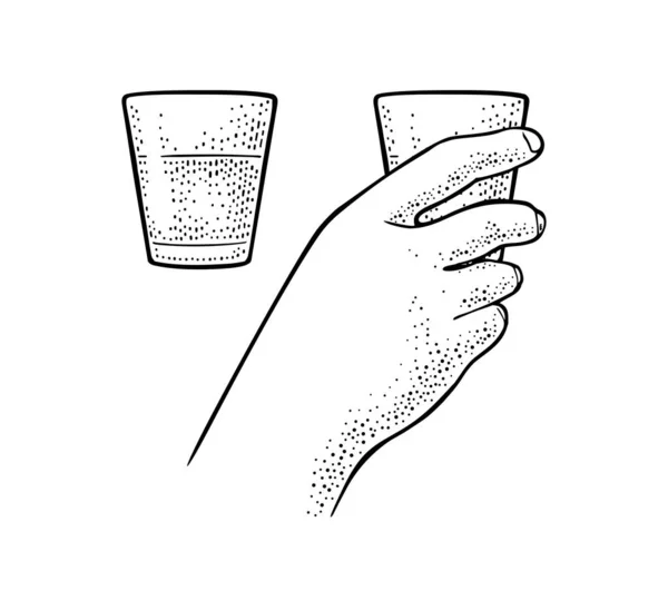 Vrouwelijke Hand Die Glazen Rum Vasthoudt Vintage Zwarte Vector Gravure — Stockvector