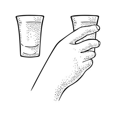 Cam tekila tutan bir kadın. Etiket, poster ve parti davetiyesi için klasik siyah vektör oymacılığı. Beyaz arkaplanda izole