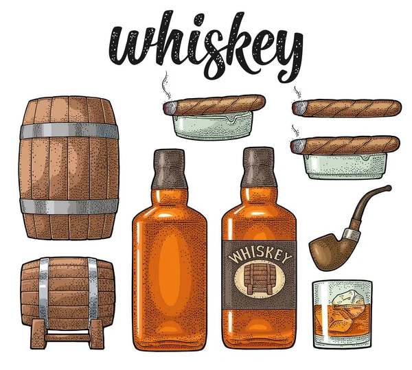 Whisky Glas Met Ijsblokjes Vat Buis Fles Sigaar Vector Vintage — Stockvector