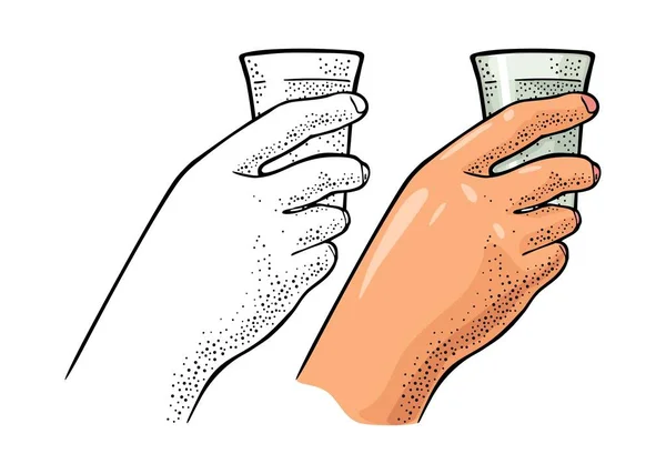 Mão feminina segurando vodka de vidro. Gravura vectorial vintage — Vetor de Stock