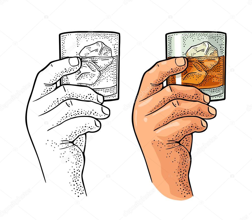 Male hand holding glass whiskey. Vintage vector engraving