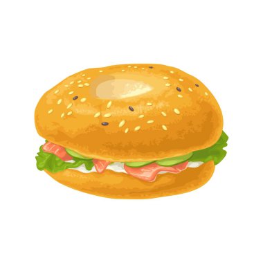 Somonlu simit, marul, peynir, salatalık. Vektör rengi gerçekçi illüstrasyon. Beyaz arka planda izole edilmiş. El çizimi tasarım ögesi simgesi