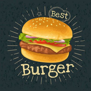 Hamburgerde pirzola, domates, peynir ve salata var. Fast food menüsü için vektör rengi düz çizim. Siyah karatahtayla izole edilmiş beyaz tebeşir ışınları, harfler, baloncuk yıldız