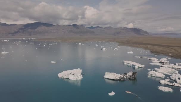 Barco Motor Con Turistas Cerca Icebergs — Vídeo de stock