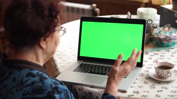 Grootouders praten met kleinzoon via laptop video call groen scherm. Jib shot achter ouderen paar zitten op de bank met laptop computer op tafel en het hebben van een gesprek op groen scherm. — Stockvideo