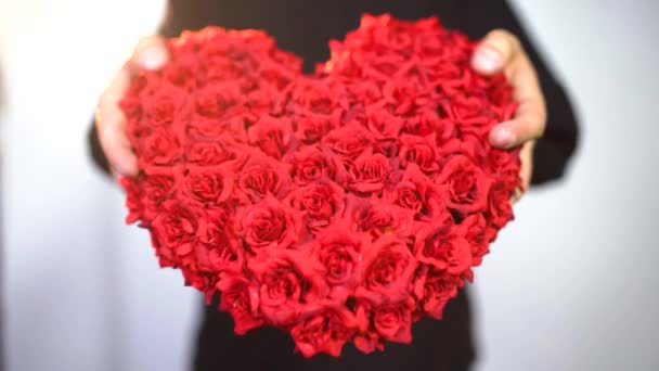 Handen van een man met een geschenk: rood fluweel hart — Stockvideo