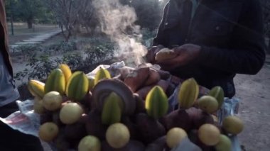 Sokak gıda tatlı patates pastası ızgara ve Mısır Delhi Hindistan Izgara