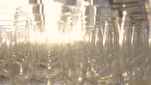 Vasos para vino. Los vasos sin bebidas reflejan las luces del sol — Vídeos de Stock