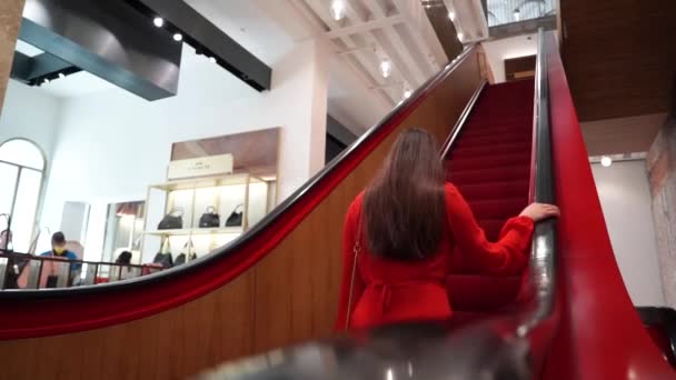 Chicas atractivas jóvenes en vestido rojo de pie en escaleras mecánicas en el centro comercial, bolsas de sujeción, concepto de compras, concepto de moda — Vídeos de Stock