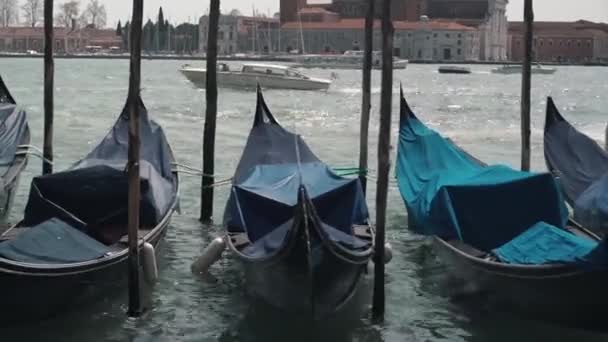 Venedig Italien. Gondoler i Grang-kanalen, San Marco-torget med kyrkan San Giorgio di Maggiore i bakgrunden. — Stockvideo