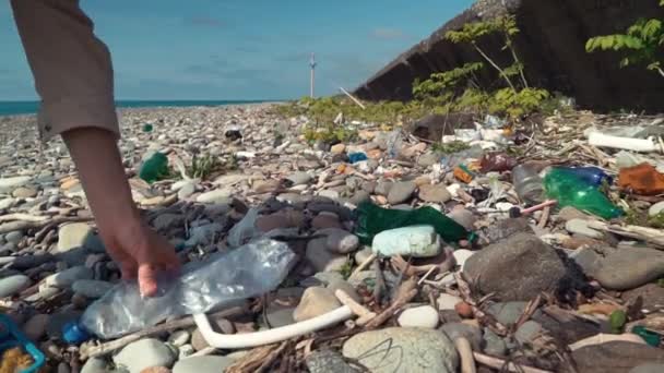 Крупный план волонтёра, собирающего пластиковую бутылку на пляже в Белом океане. Добровольцы чистят пляж. Уборка мусора на пляже. Концепция экологического сознания — стоковое видео