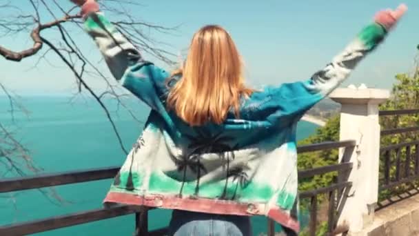 Mulher com braços levantados olhando para a vista do pôr do sol Caminhante menina levantar braço para cima celebrando a vida paisagem natural cênica desfrutando de férias viagem aventura — Vídeo de Stock