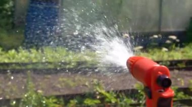 Bahçe, su çim yağmurlama dışarı püskürtme sırasında su fıskiye tutan el mans