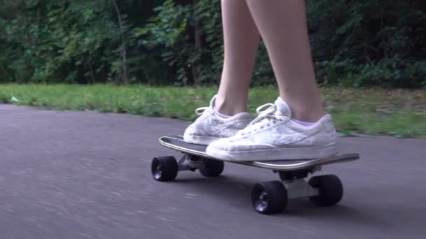 Chica joven monta un monopatín en la calle en un parque de verano en cámara lenta — Vídeo de stock