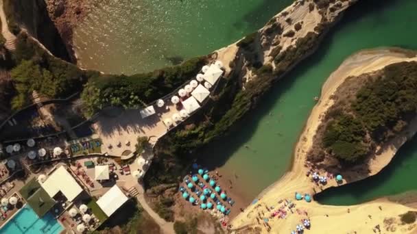 Aerial drone birds eye view video of iconic white rock vulcanic formations of Canal d Amour in Sidari area, Greece — Video Stock