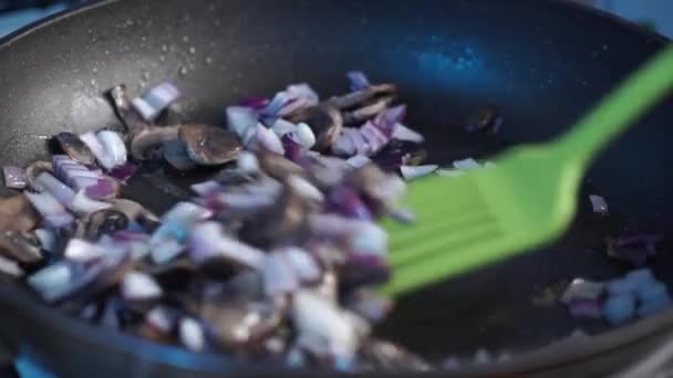 Champinjoner med lök är stekt i en stekpanna — Stockvideo